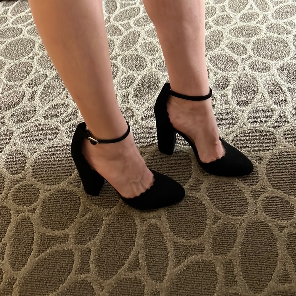 Marc Fisher Black Scalloped Ankle-Strap Block Heels